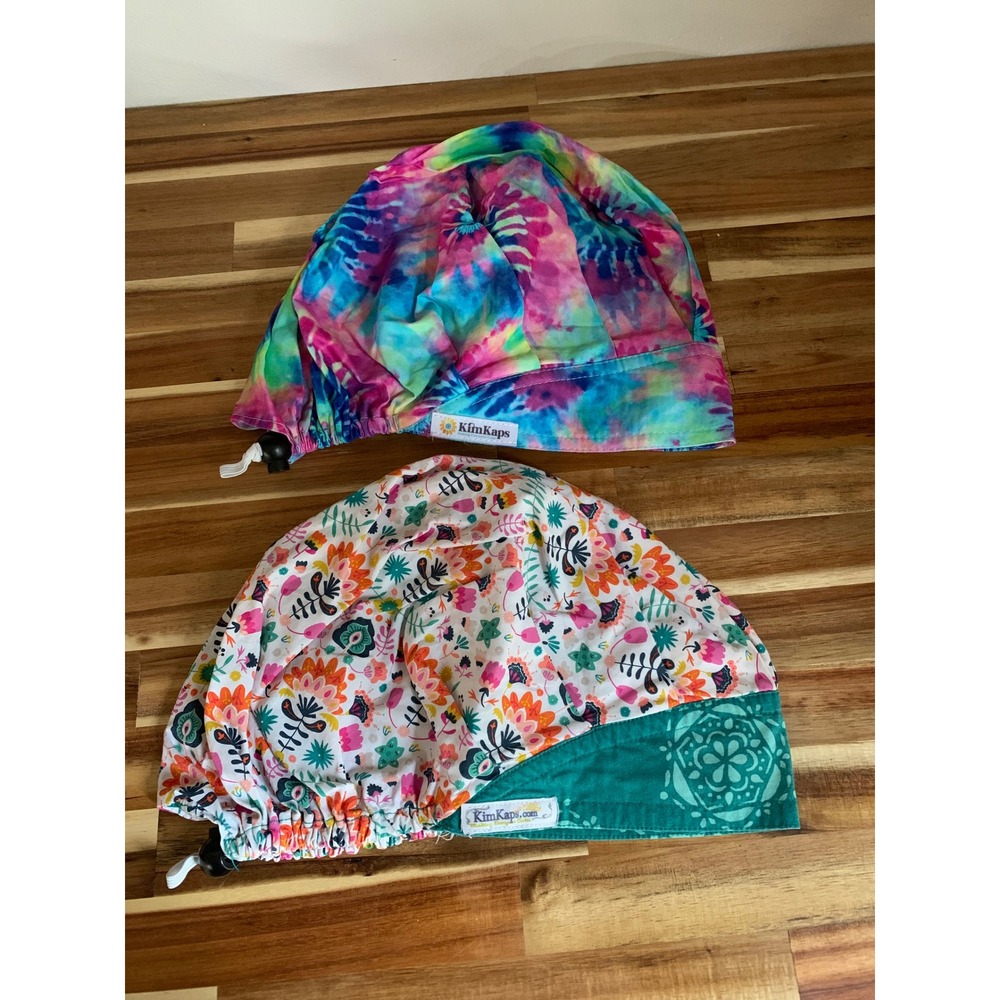 KimKaps Scrub Caps Bundle Tie Dye Floral Boho Retro Hippie Indie 2pk New